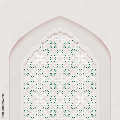 Stylized door in arabic architectural style arch with ornamental patterned stone relief of islamic mosque,greeting card for Ramadan Kareem