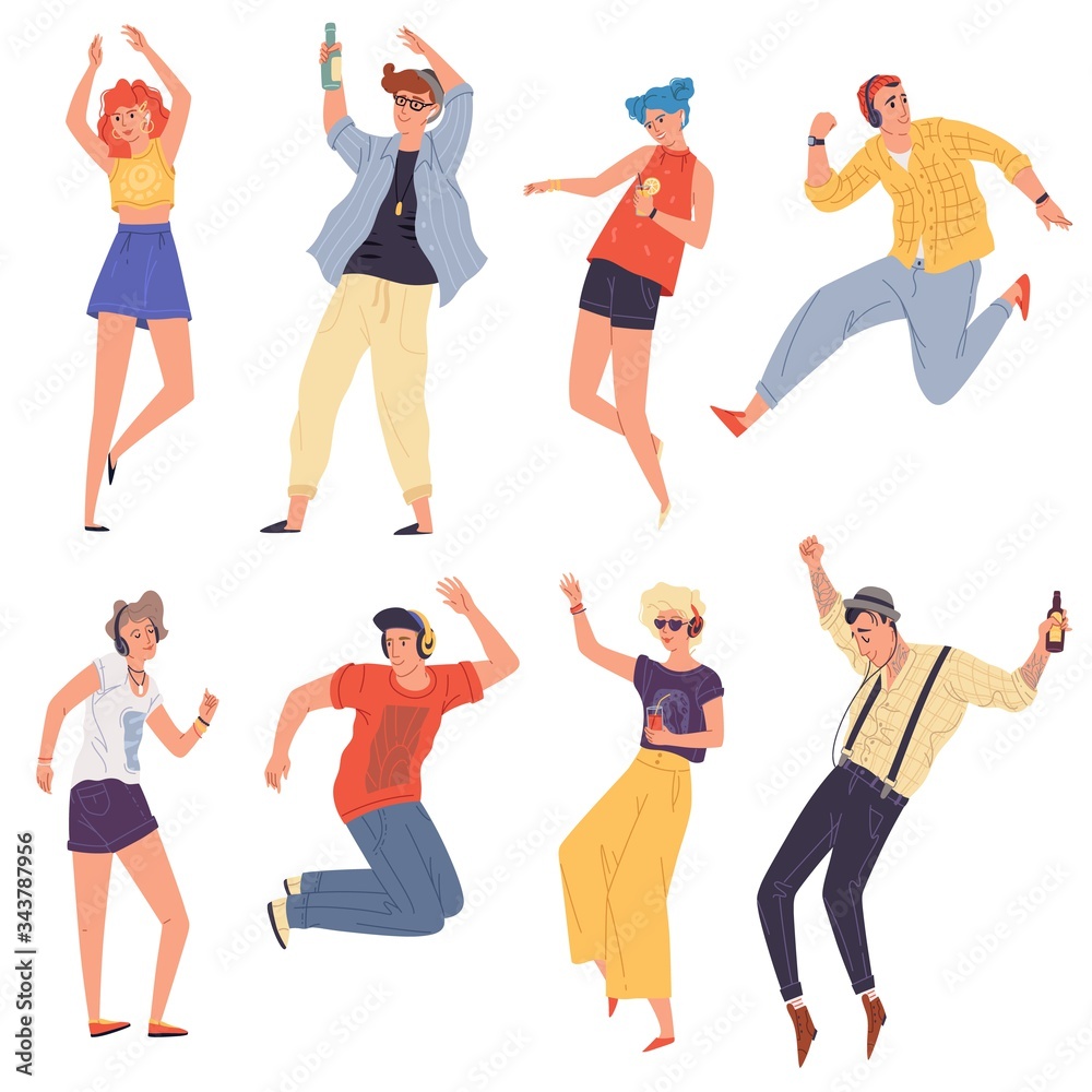 Obraz premium Young creative people, dancers, students in headphones dancing, jumping, rythmical moving. Girls, boys, guys, women, men having fun in night club, event, youth party. Vector flat set on white.