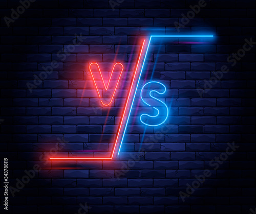 Illuminated neon versus screen design. Battle headline, confrontation and comparison template. Light electric banner glowing on background of bricks wall. Colorful neons vector illustration.