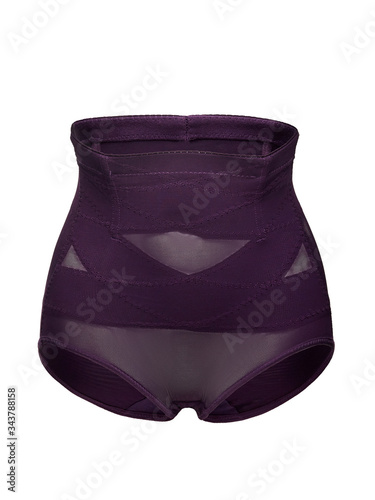 Subject shot of violet high-waisted panties with corrective straps. The figure-shaping lingerie is isolated on the white backdrop. 