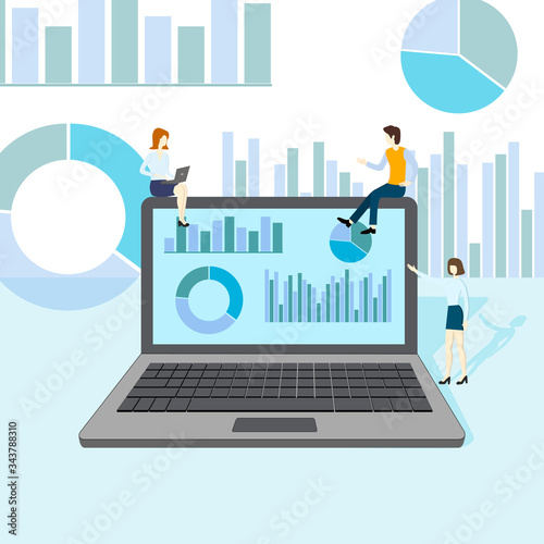 Vector illustration.Office workers on the background of a large laptop.The concept of tracking the company's work using infographics.