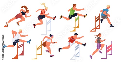 Hurdle race, female, male sportive jumping competition. Athletes, men, women taking part in steeplechase, obstacle running. Vector set flat illustration isolated on white background. Young champions.