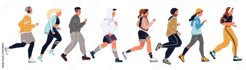 Young men, women, girls, boys, students, teens in sportswear running after each other. Sportsmen, athletes, runners moving in row. Marathon, competition, cross-country vector illustration on white.