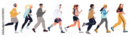 Young men  women  girls  boys  students  teens in sportswear running after each other. Sportsmen  athletes  runners moving in row. Marathon  competition  cross-country vector illustration on white.