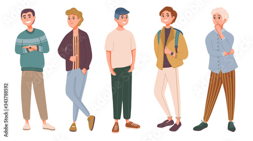 Collection of stylish young men dressed in trendy clothes. Set of fashionable casual and formal outfits. Bundle of boys standing in different poses. Flat cartoon colorful vector illustration.