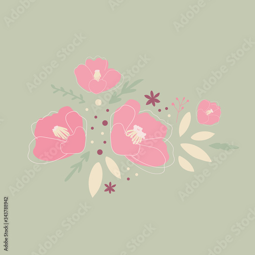 Blooming red Japanese Camellia. Painted bright Asian flowers and branches on an isolated white background. Decorative vector design element. Cute cartoon illustration.
