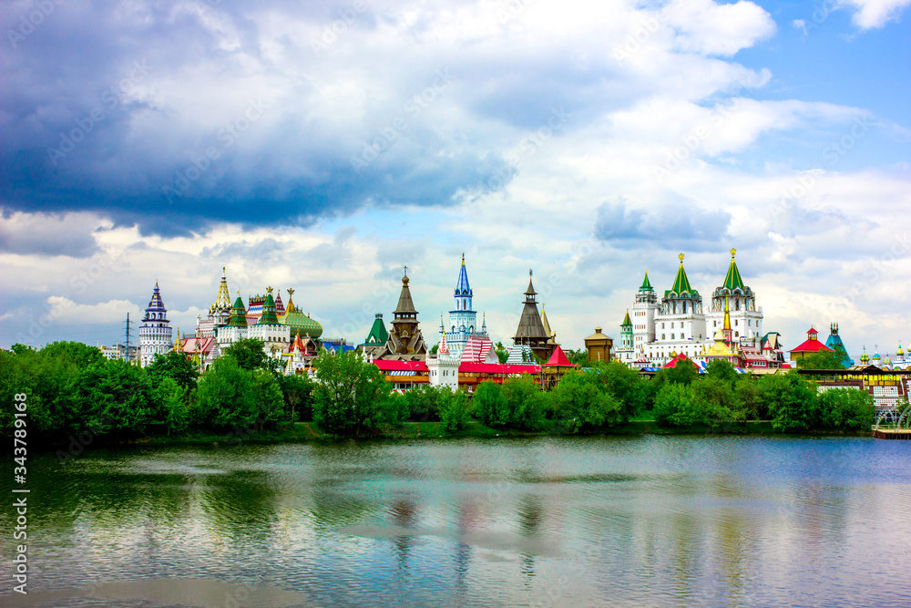 Russia Moscow. View from the river to the Izmailovsky Kremlin. Panorama.