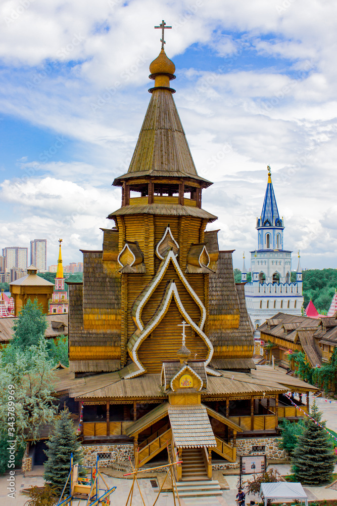 Russia Moscow. Izmailovsky Kremlin. Wooden church on the square in the Kremlin.