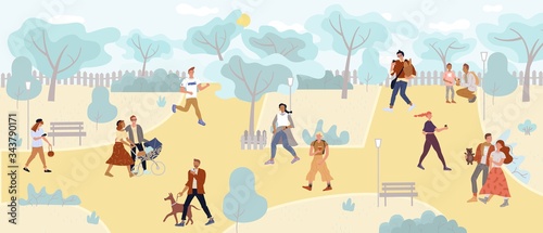 People walking in park enjoy outdoor active rest. Young, adult, teenager characters. Family couple, lonely person, pet owner, woman, man, kids, strollers, pregnant, newlyweds, sportsman different ages