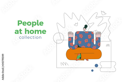 Woman practices yoga. Girl in lotus position meditating. Vector illustration with young people relax at home. Collection of characters in flat geometric style with abstract elements