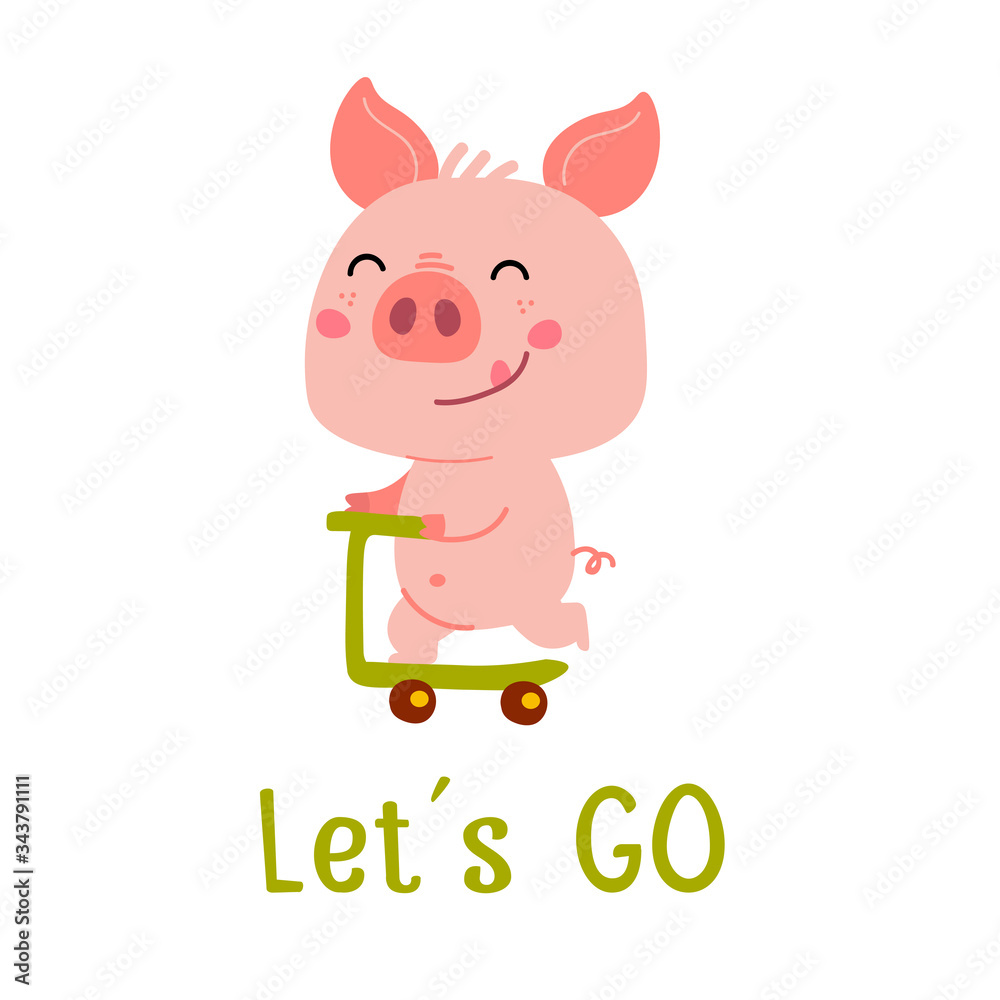 Naklejka Cute Pink Piggy on scooter. Cartoon illustration card, calendar, sticker, invitation, baby shower, children clothes, posters.