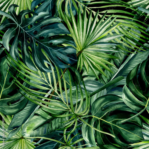 Watercolor hand drawn seamless pattern with green tropical leaves of monstera...
