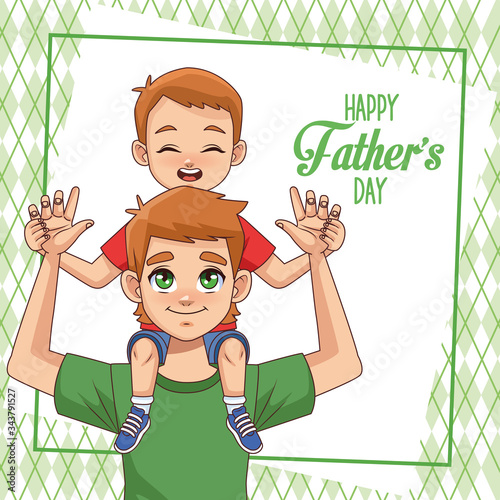 fathers day card with dad carrying son and lettering