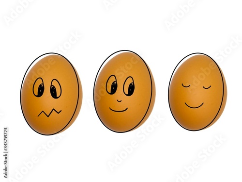 Brown chicken egg with isolated background, Brown chicken egg with different faces 