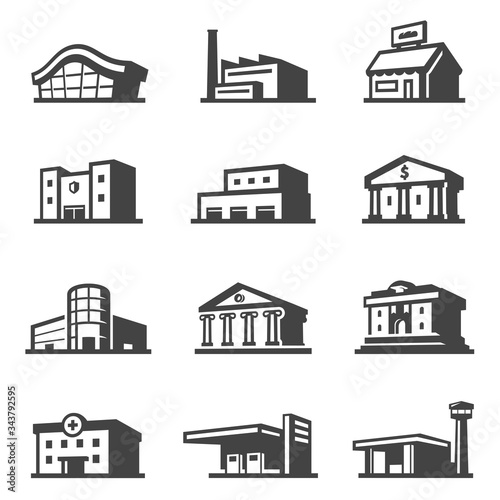 Public building icon set, architecture and urban city facade