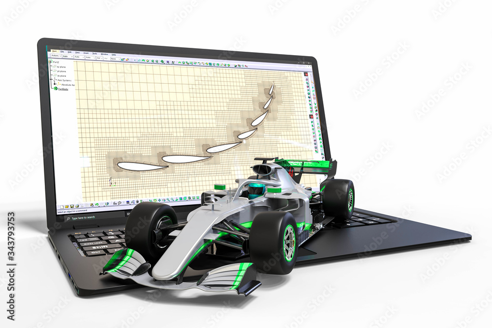 3D render image representing a formula one aerodynamic design process 3D render image representing a formula one aerodynamic design process