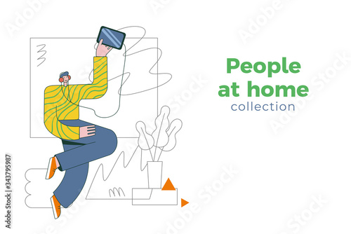 Happy young man in headphones listens to music on the phone. Happy dancing people at home concept. Vector illustration in flat geometric style