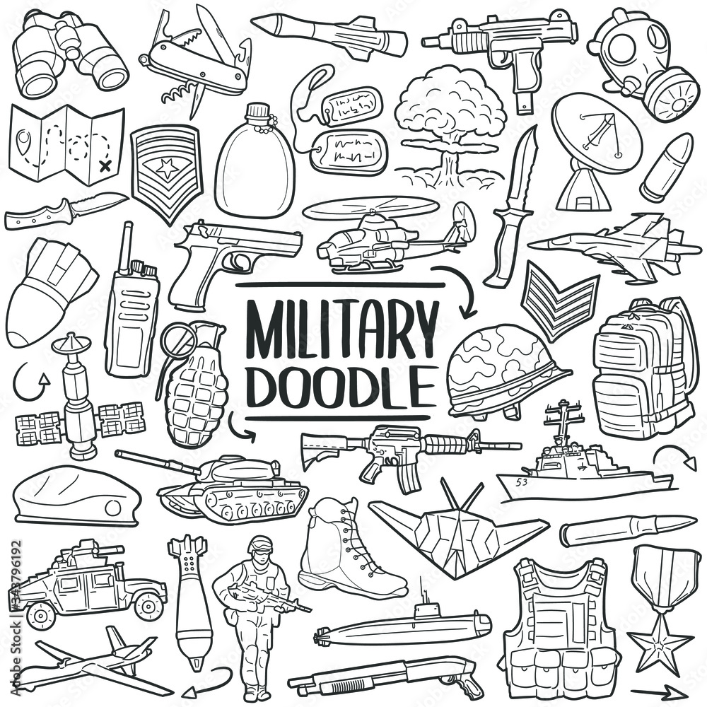 Military Army Soldier. War Vehicles and Weapons Marine. Traditional Doodle Drawn Sketch Hand Made Design Vector.