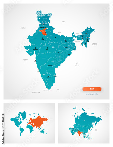 Editable template of map of India with marks. India on world map and on Asia map.