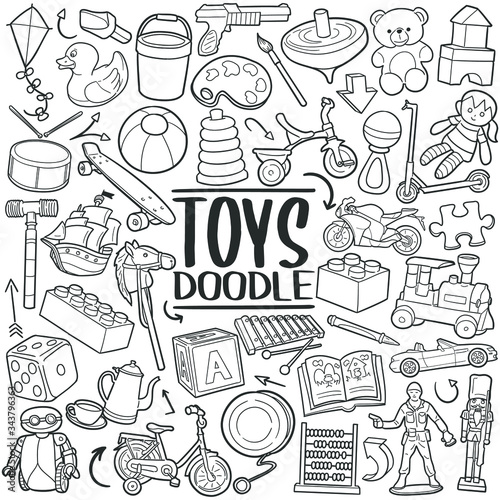 Children Toys. Funny Kids Play and Game. Traditional Doodle Drawn Sketch Hand Made Design Vector.