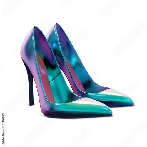 A pair of female high heel shoes in glossy iridescent color. Vector 3d realistic illustration isolated on white background.