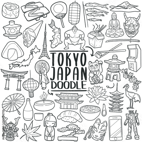 Tokyo Japan Travel Traditional Doodle Icons Sketch Hand Made Design Vector.