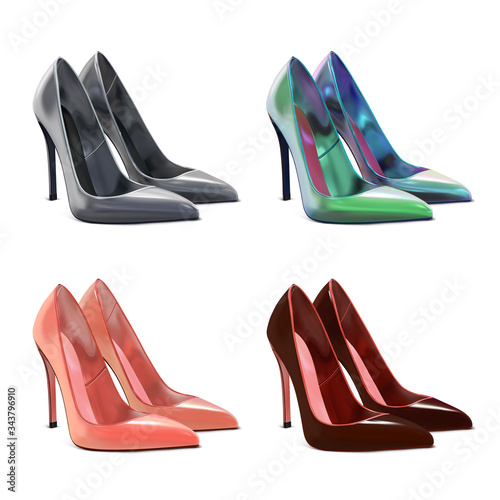 Set of pairs of women's shoes of the classic model with heels of gray, multi-colored, beige, brown colors. Vector 3d realistic illustration isolated on white background.