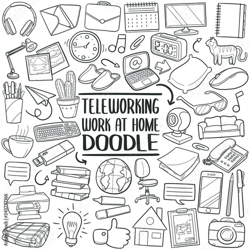 Teleworking, work at home tools. Stay home working. Doodle line art vector illustration. 