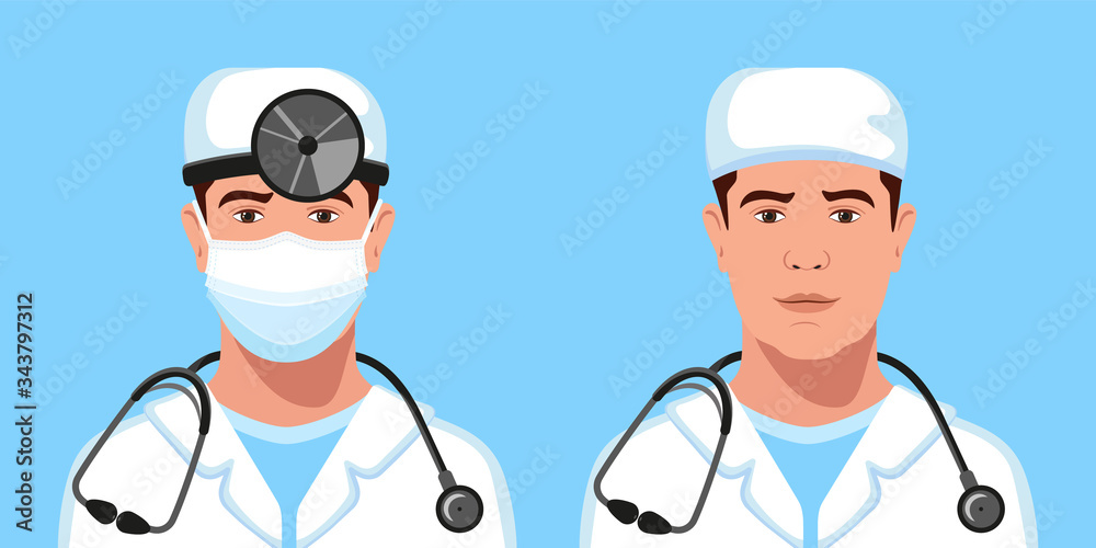 Man physician, ENT in a medical cap, with and without medical face mask, head reflector, stethoscope avatar set. Healthcare personal. Therapist. Hospital nurse. Vector Illustration. Man physician, ENT in a medical cap, with and without medical face mask, head reflector, stethoscope avatar set. Healthcare personal. Therapist. Hospital nurse. Vector Illustration.