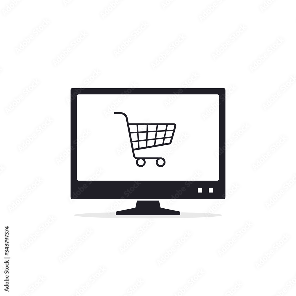 Computer with shopping cart on display icon, Online shopping, Ecommerce Concept. Vector Computer with shopping cart on display icon, Online shopping, Ecommerce Concept. Vector