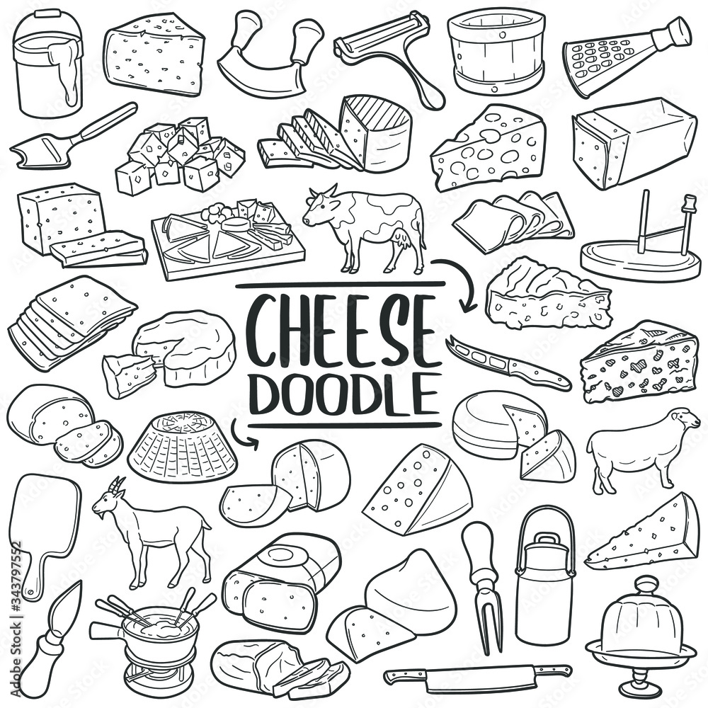 Vetor de Cheese doodle icon set. Types of cheese and tools. Vector