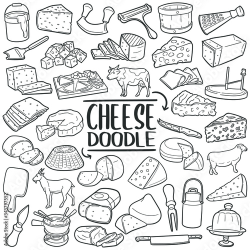 Cheese doodle icon set. Types of cheese and tools. Vector illustration collection. Hand drawn Line art style.