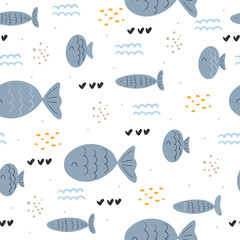 Papier peint photo Vagues de la mer patrons Petits poissons mignons motif marin  © iryna_boiko