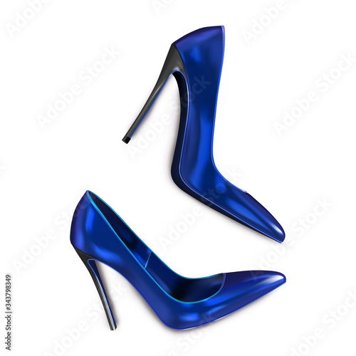 Women's classic lacquered high-heeled shoes in dark blue color lying on the surface. Women's fashion. Vector 3d realistic illustration isolated on white background.