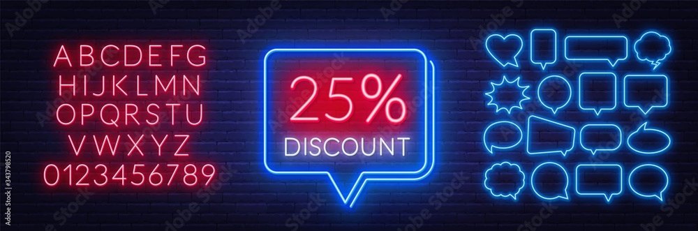 25 percent discount neon sign. Template for a design with speech bubble frames. Neon alphabet on brick wall background.