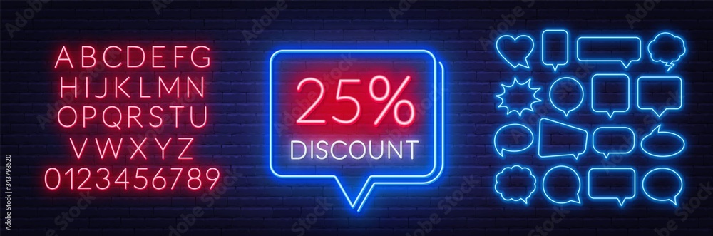 Obraz premium 25 percent discount neon sign. Template for a design with speech bubble frames. Neon alphabet on brick wall background.