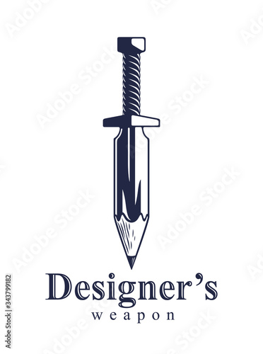 Idea is a weapon concept, weapon of a designer or artist allegory shown as sword with pencil instead of blade, creative power, vector logo or icon.