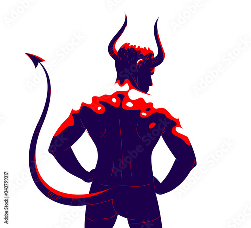Devil muscular strong man with horns and tail from back view vector illustration, powerful demon, the evil is strong, animal part of human nature, inner beast.