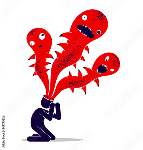 Psychical problems such as phobia psychosis schizophrenia hallucinations vector concept illustration in flat trendy style, psychiatry and psychology allegory, man with monster from his head.