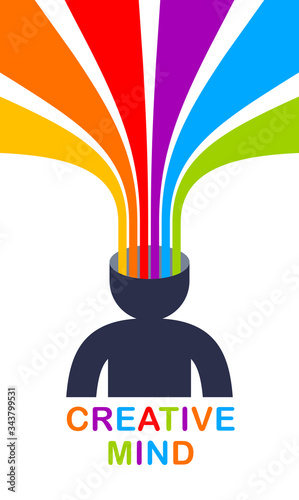 Creative mind brain vector concept in flat trendy design style, colorful rainbow stripes goes out of man head symbolizes creative ideas and thinking, artist designer or writer author.