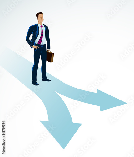 Doubting businessman choosing different directions which way to go vector illustration, business man have a dilemma because or different options or opportunities.