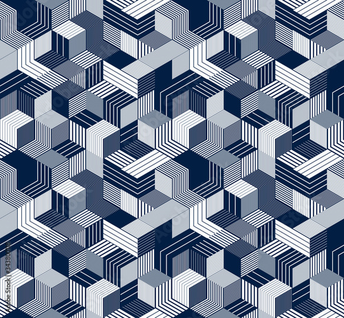 3D cubes seamless pattern vector background, lined dimensional blocks, architecture and construction, geometric design.