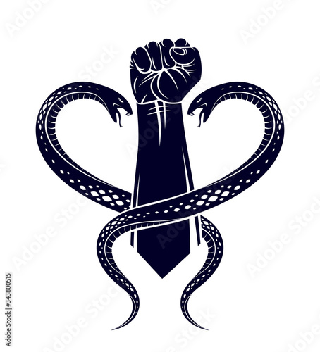Clenched fist with two snakes classic style tattoo vector vintage symbol, heart shaped serpents around human arm.