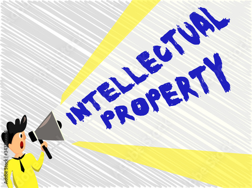 Word writing text Intellectual Property. Business photo showcasing Protect from Unauthorized use Patented work or Idea Man Standing Talking Holding Megaphone with Extended Volume Pitch Power
