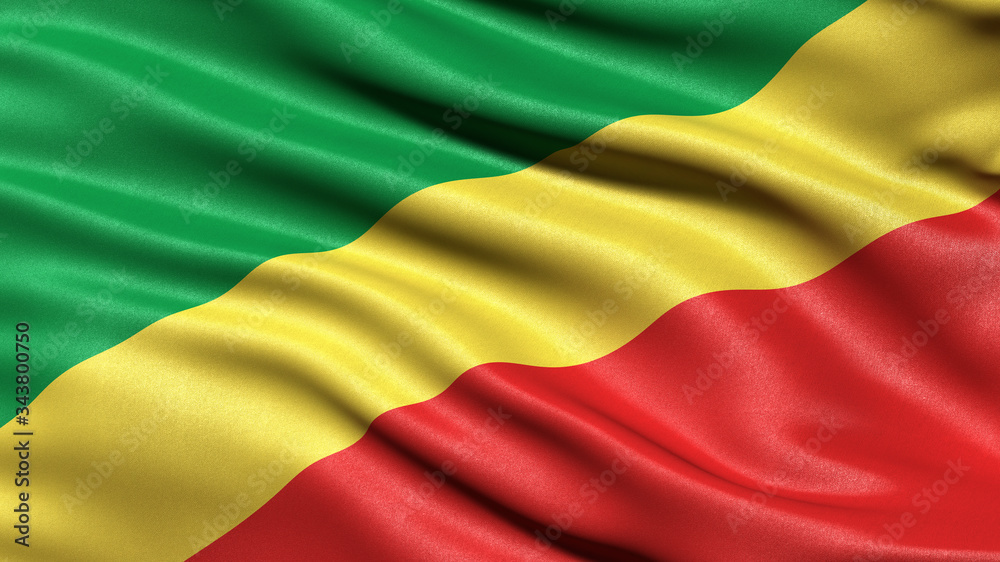 3D illustration of the flag of the Republic of the Congo waving in the wind.