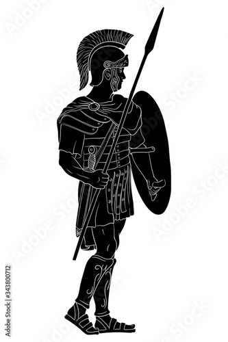 Ancient Roman warrior with a spear and shield in his hands is standing and looking away. Vector illustration isolated on white background.