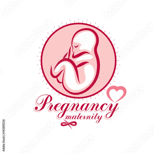 Vector embryo emblem. New life beginning drawing. Neonatal care center conceptual symbol