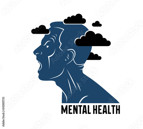 Anger, aggression and psychosis mental health and high anxiety vector conceptual illustration or logo visualized by man face profile and dark clouds over his head.