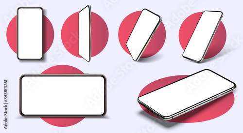Smartphone frame less blank screen, rotated position. Smartphone from different angles. Mockup generic device. UI/UX smartphones set. Template for infographics or presentation 3D realistic phones.