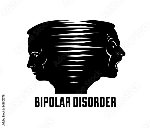 Anxiety inner conflict and suspended anger mental health vector conceptual illustration or logo visualized by man face profile and other profile comes from first with scream and shout.